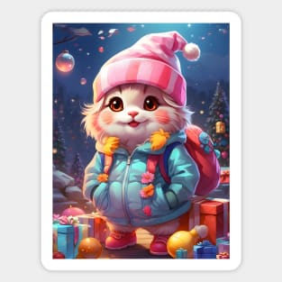 Cute Cat in Winter Clothes with Christmas Gifts Magnet
